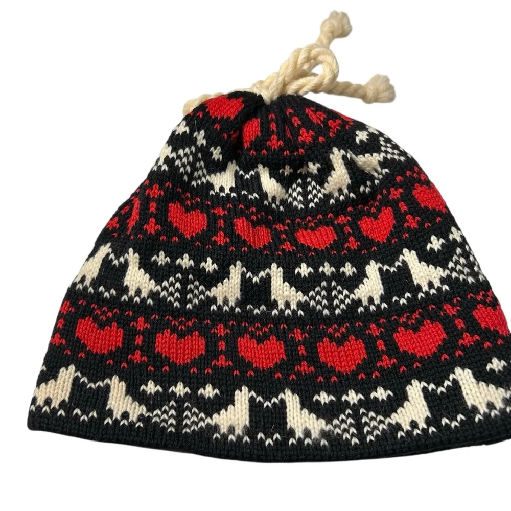 Vintage Fair Isle Wool Beanie Nordic Scandi Ski Hat Red Black Heart Pattern OS